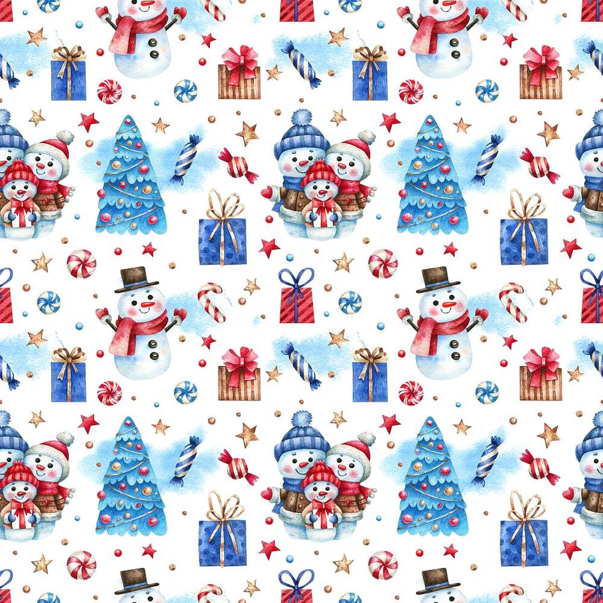Cute Watercolor Snowman Family Elements Fabric