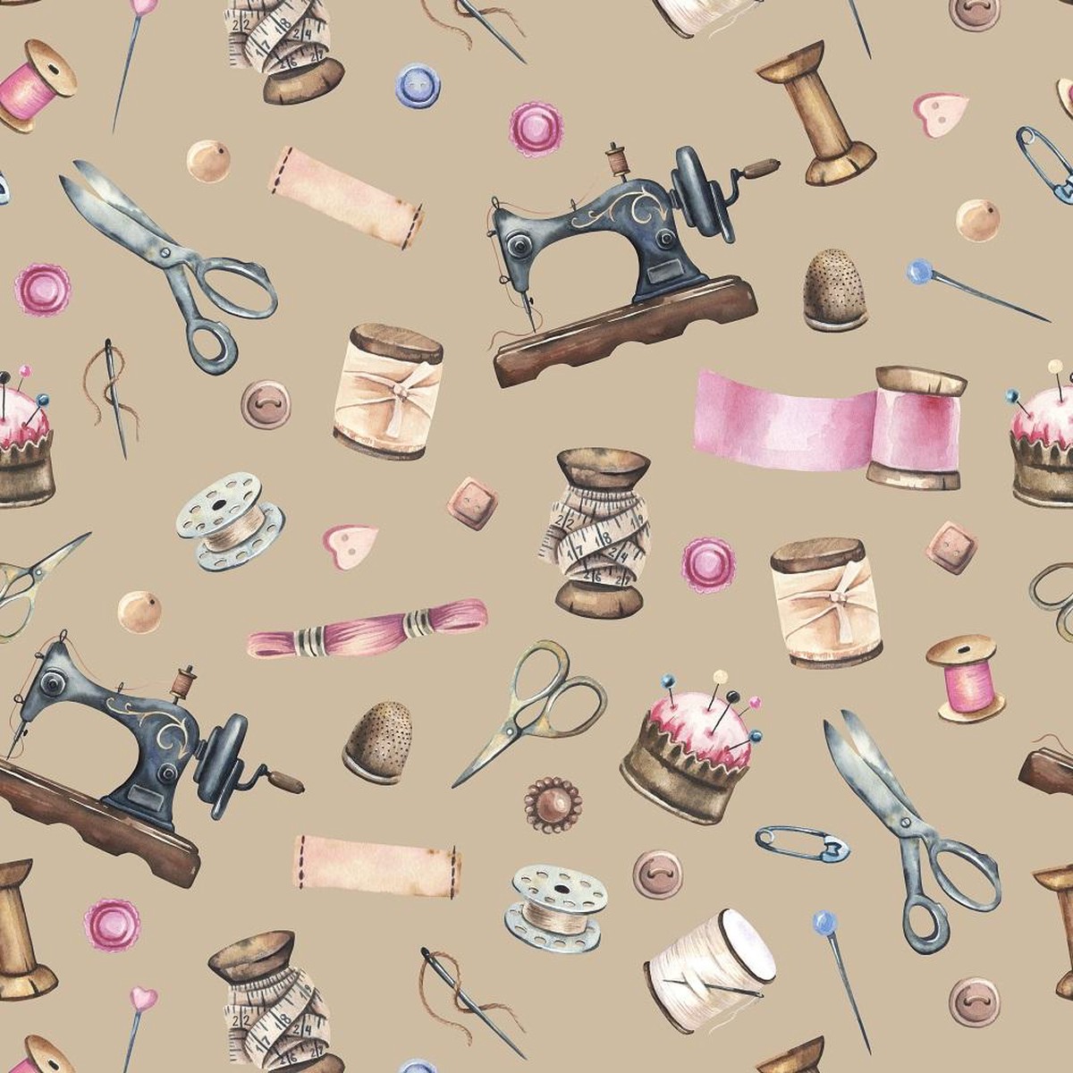 Vintage Sewing Machine Notions Fabric - Tan